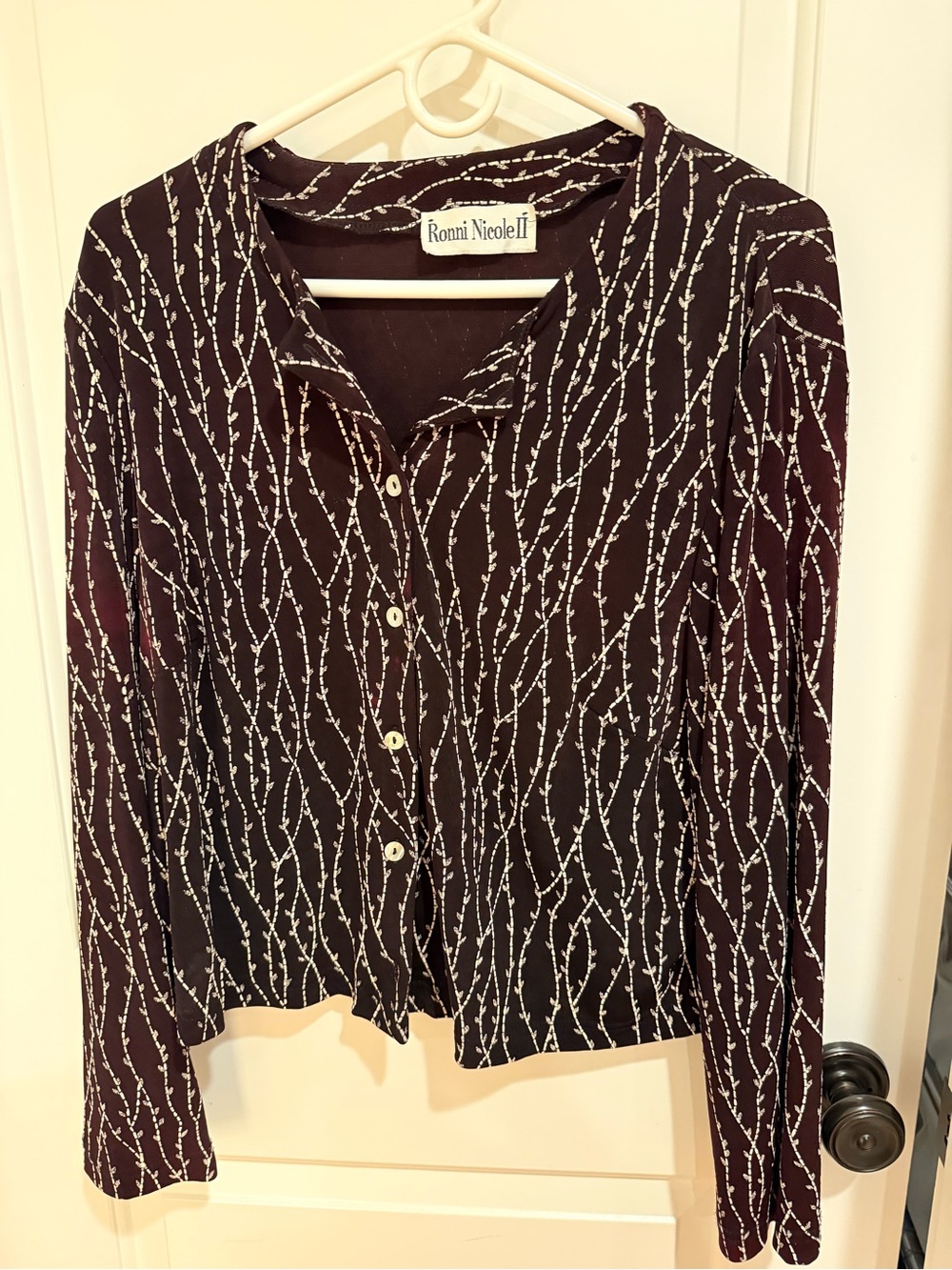 Vintage Ronni Nicole Black Button-Up Long Sleeve Top with White Branch Print 18W